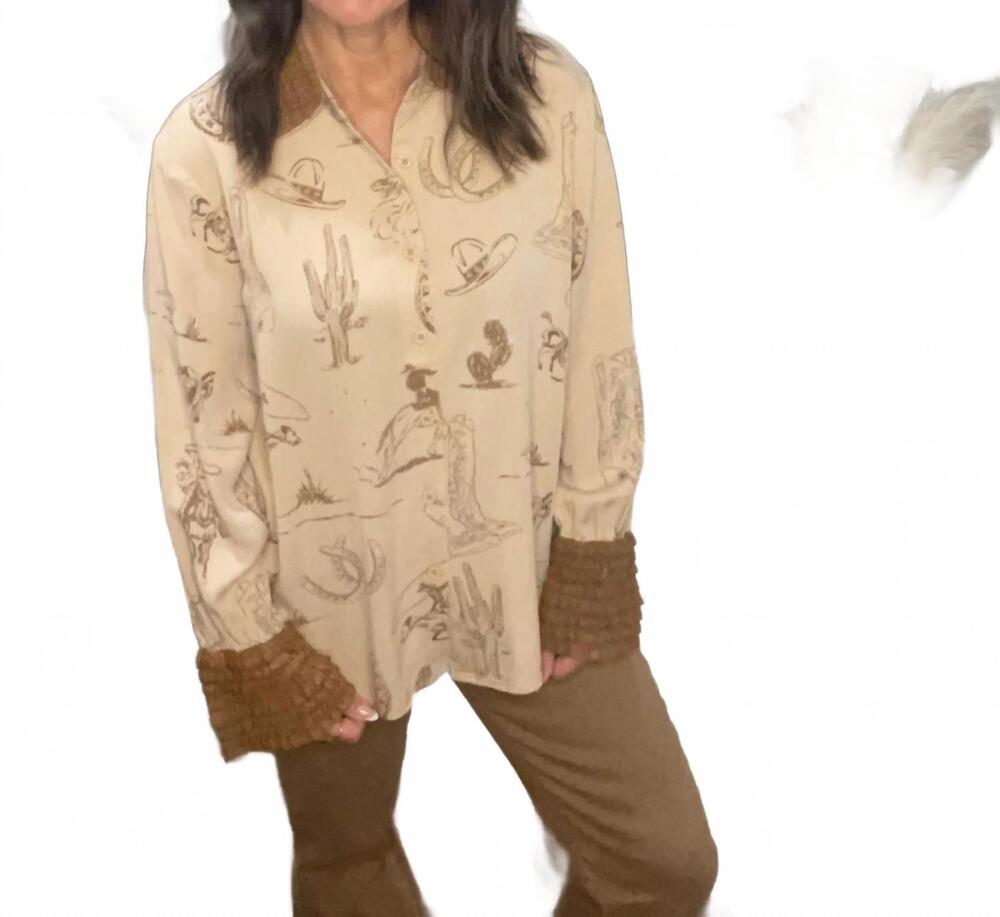 NEW BLUE B western printed ruffle cuff shirt in taupe